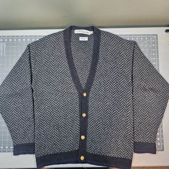 Vintage Old School Trading Sweater Medium Cardigan Wool Scotland Herringbone 80s - Picture 1 of 9